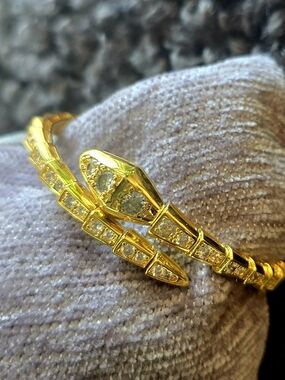 Gold And Rhinestone Serpentine Snake Coil Bangle Bracelet